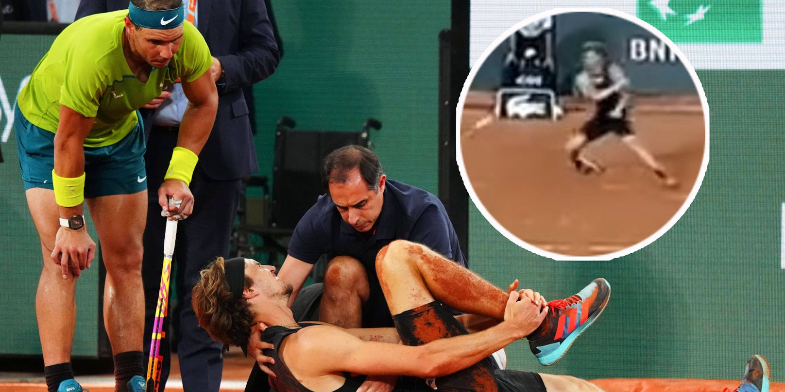 Alexander Zverev zieht sich gegen Rafael Nadal eine schlimme Verletzung zu, indem er wegknickt.