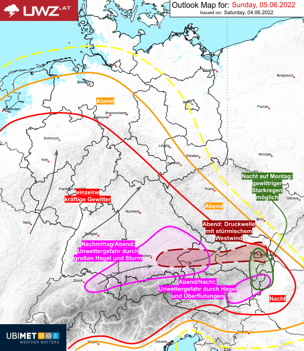 Wettergefahren am Pfingstsonntag in Österreich.