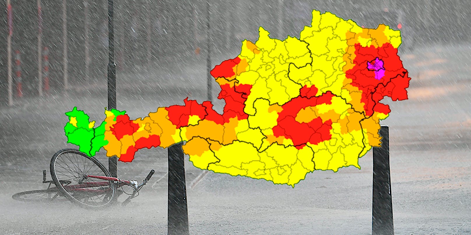 Ein kräftiges Unwetter mit Sturmböen, Hagel und enormen Regenmengen nähert sich Wien.