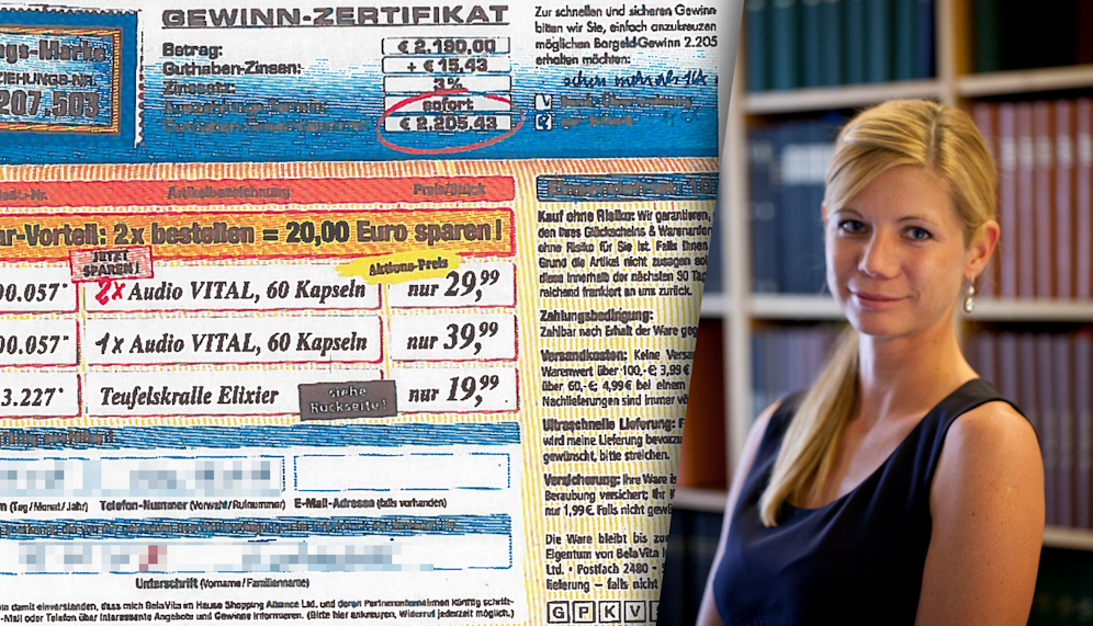 Eine der betrügerischen Sendungen, Rechtsanwältin Julia Eckhart