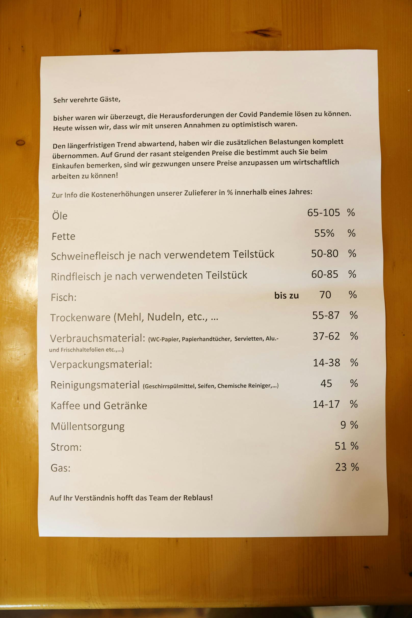 Um die Preiserhöhung transparent zu gestalten, informiert er seine Gäste via A4-Zettel mit einer genauen Aufschlüsselung - und adaptiert diese laufend.