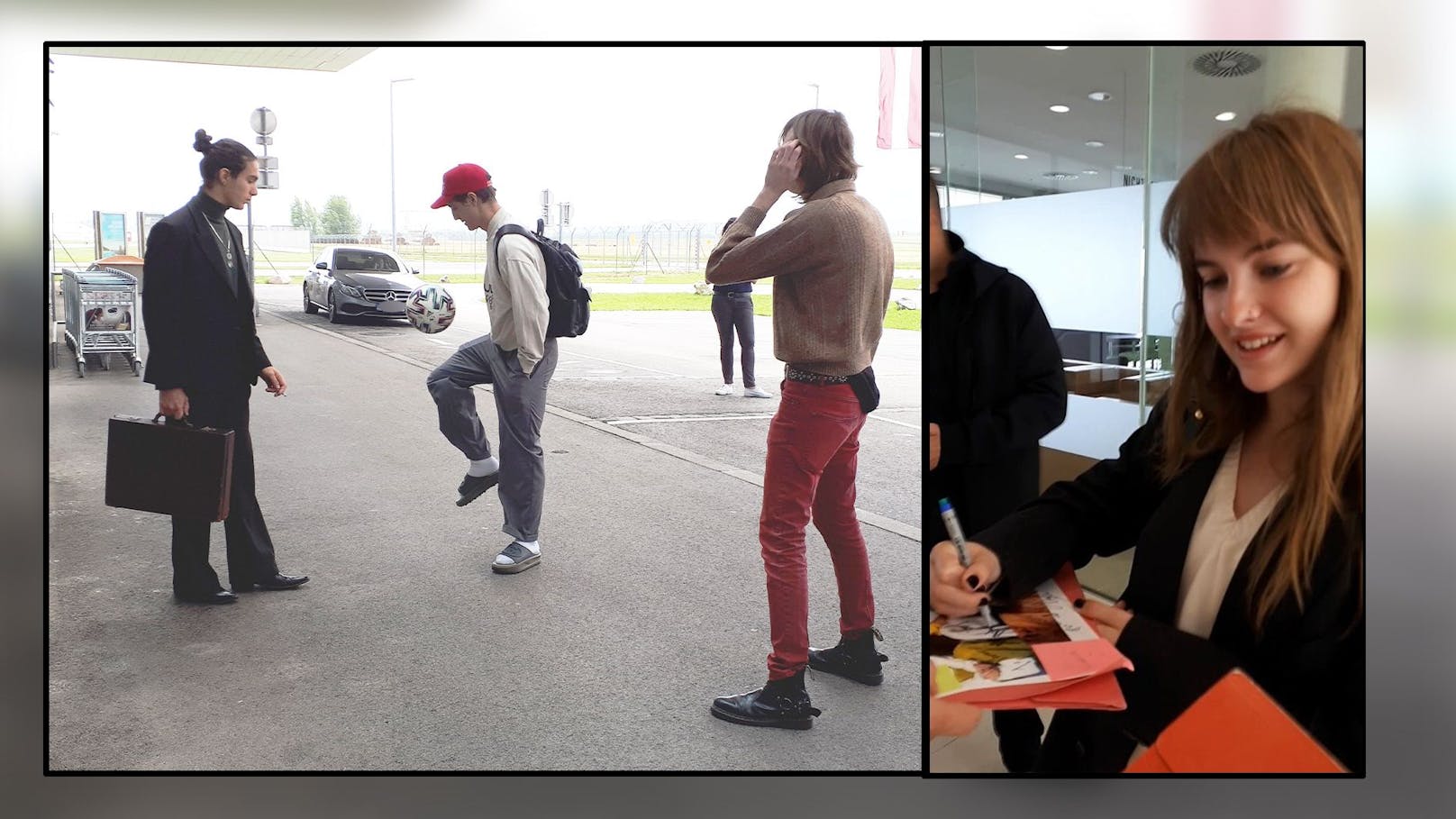 Um sich die Zeit zu vertreiben, kickte die Band am Wiener Flughafen und verteilte Autogramme.