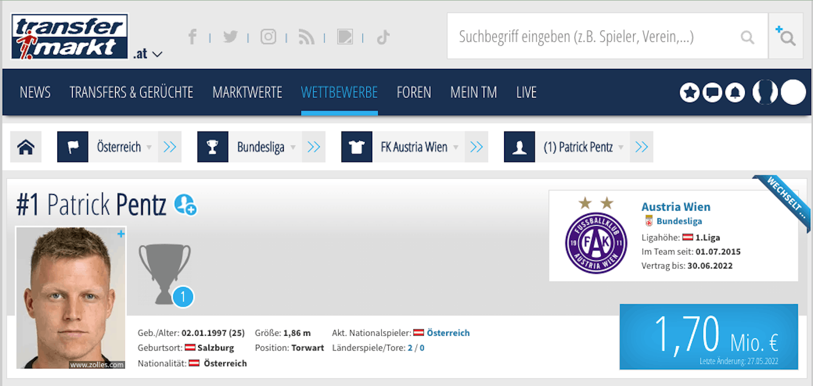 Das Profil von Patrick Pentz auf Transfermarkt.at am 8. Juni, als "Heute" am 7. Juni bei der Bundesliga anfragte, war er noch 1,82 Meter groß.