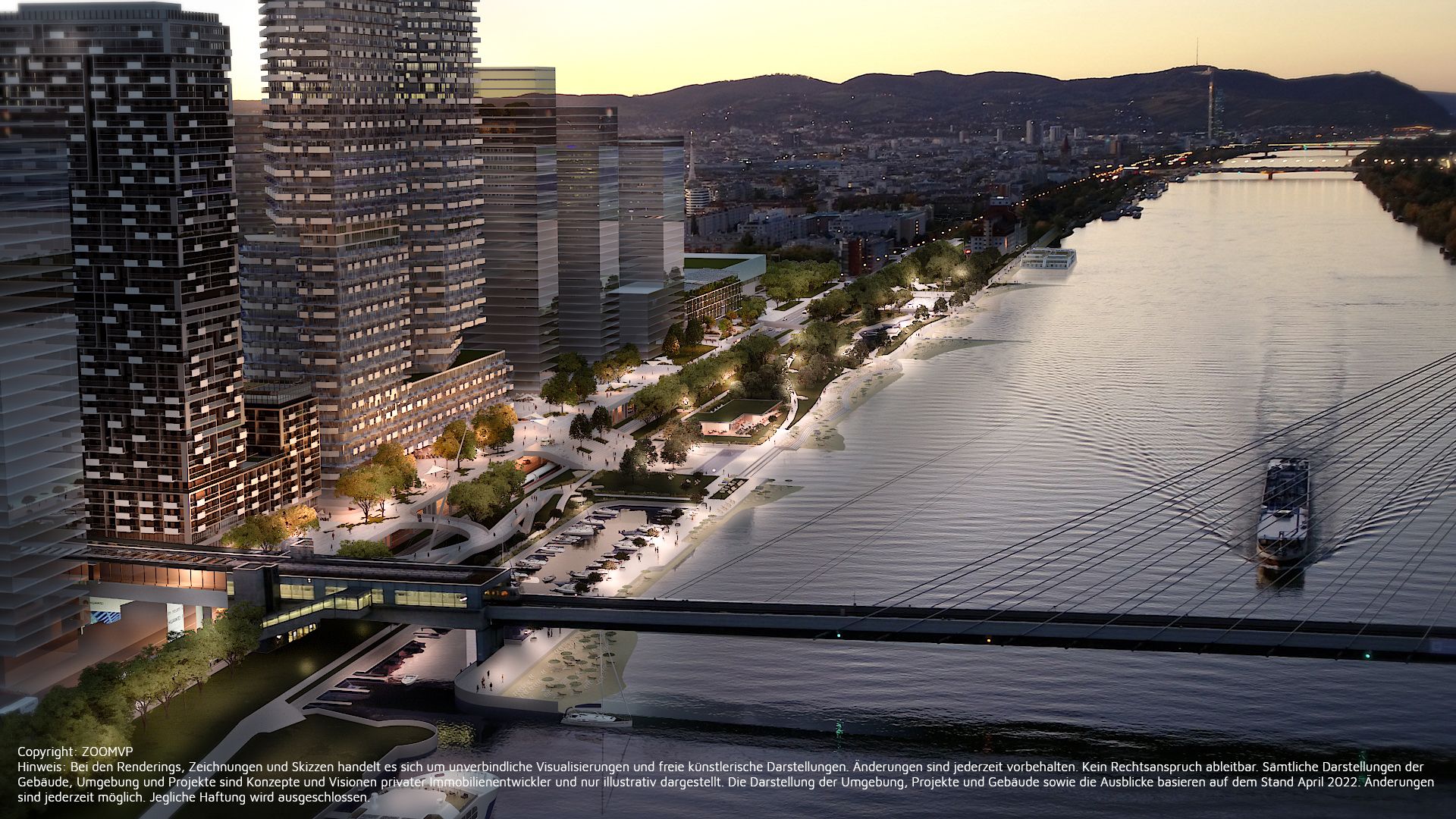 Ein neuer Stadtteil entsteht am Donaukanal: Auf einem Hektar werden die Marina Towers einen modernen Verkehrsknotenpunkt - zum Teil unterirdisch - beherbergen. 