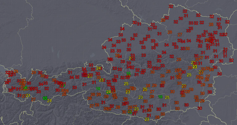 Prognose der Höchstwerte (°C) für den Sonntag 