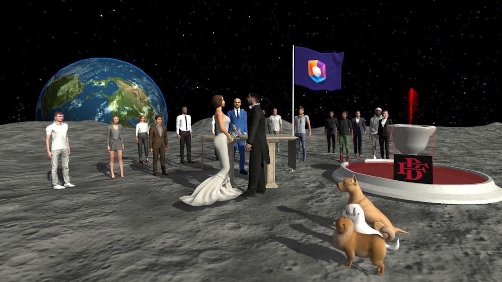 So sah die Hochzeit von Boateng im Metaverse aus. Die drei Hunde waren ebenfalls auf dem virtuellen Mond anwesend.