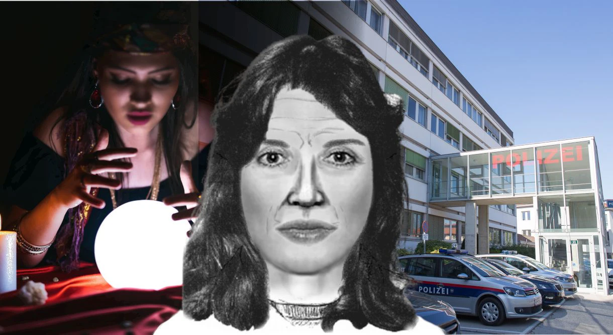 Phantombild der Gesuchten, Symbolfoto einer Wahrsagerin und die Polizei in Tulln.