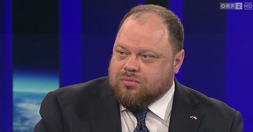 Der ukrainische Parlamentspräsident Stefantschuk bei seinem Auftritt in der ZIB2. 