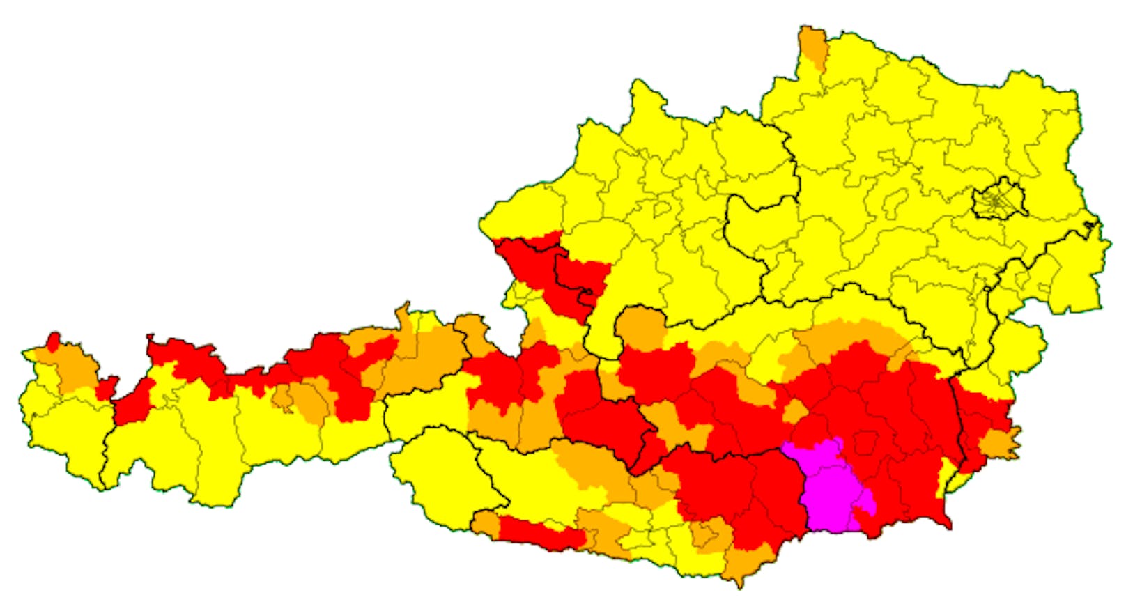 Warnstufe Rot in 7 Bundesländern. Rund um Deutschlandsberg gilt sogar die höchste Unwetterwarnstufe (Stand, 14 Uhr)