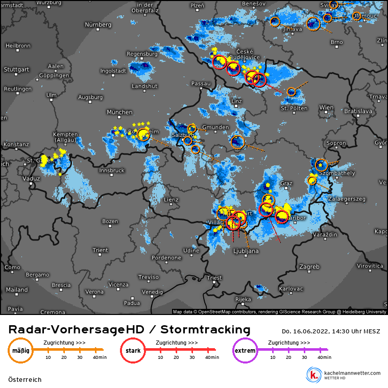Heftige Gewitter ziehen am Nachmittag des 16. Juni 2022 nach Niederösterreich.