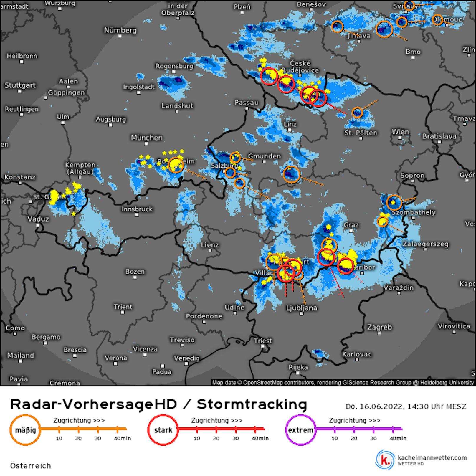 Die Gewitterzellen aus Tschechien bewegen sich schnell Richtung Wien.
