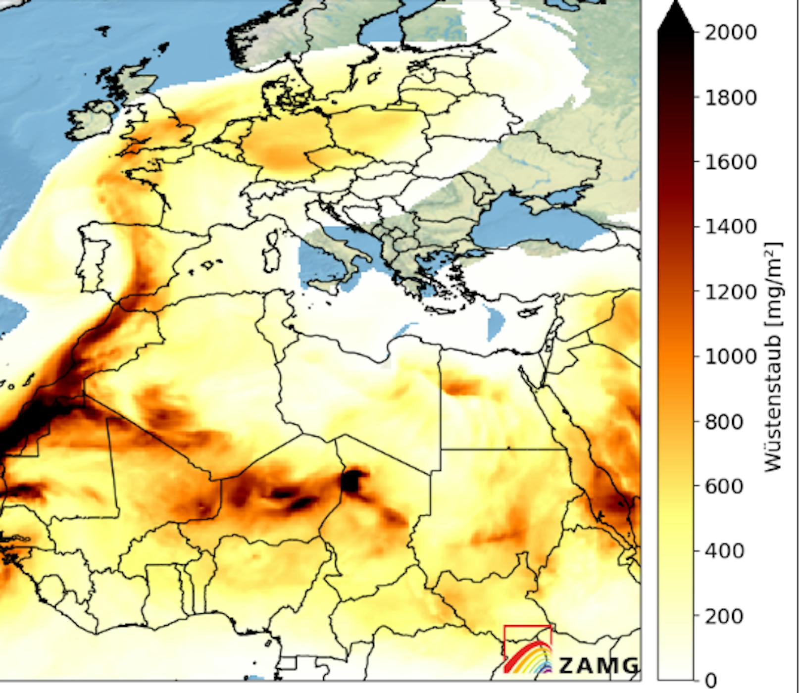 Saharastaub-Prognose der ZAMG für Sonntag 3 Uhr in der Früh: An diesem Tag ist mit den größten Mengen in Österreich zu rechnen.&nbsp;