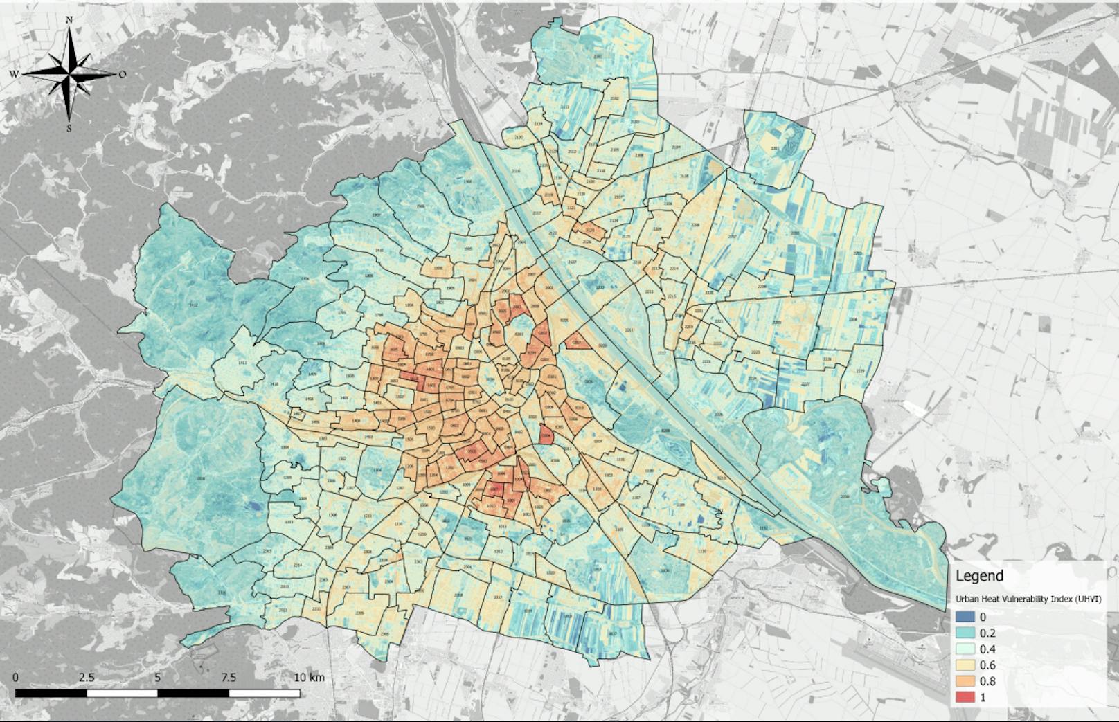 Die Karte zeigt Bereiche der Stadt an, in denen die Lebensqualität der Bewohner besonders von der Hitze beeinträchtigt wird.