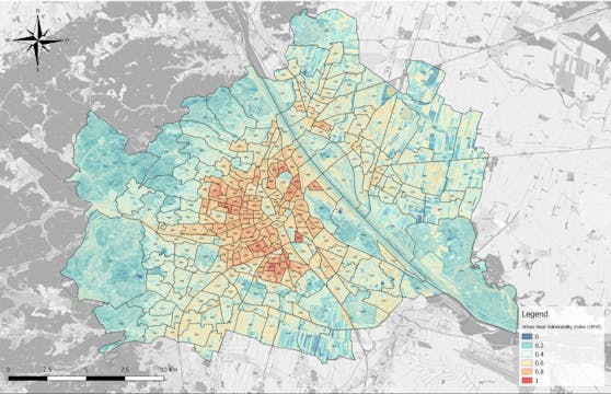 Die Karte zeigt Bereiche der Stadt an, in denen die Lebensqualität der Bewohner besonders von der Hitze beeinträchtigt wird.