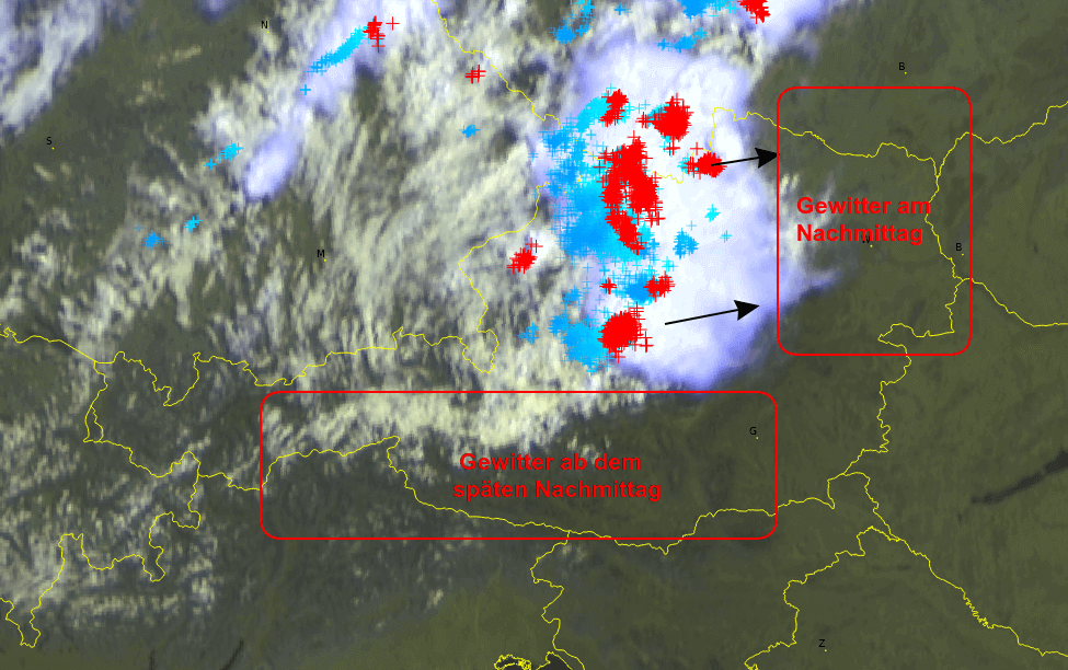 Die Gewitterfront verlagert sich nach Osten.