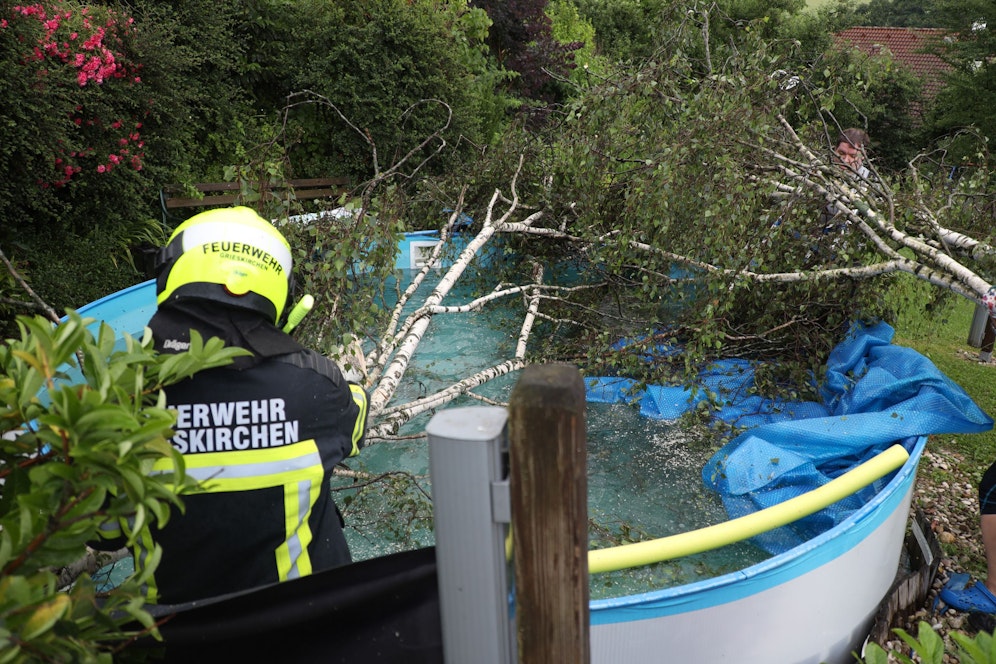 Eine Birke stürzte auf den Pool und beschädigte ihn schwer.
