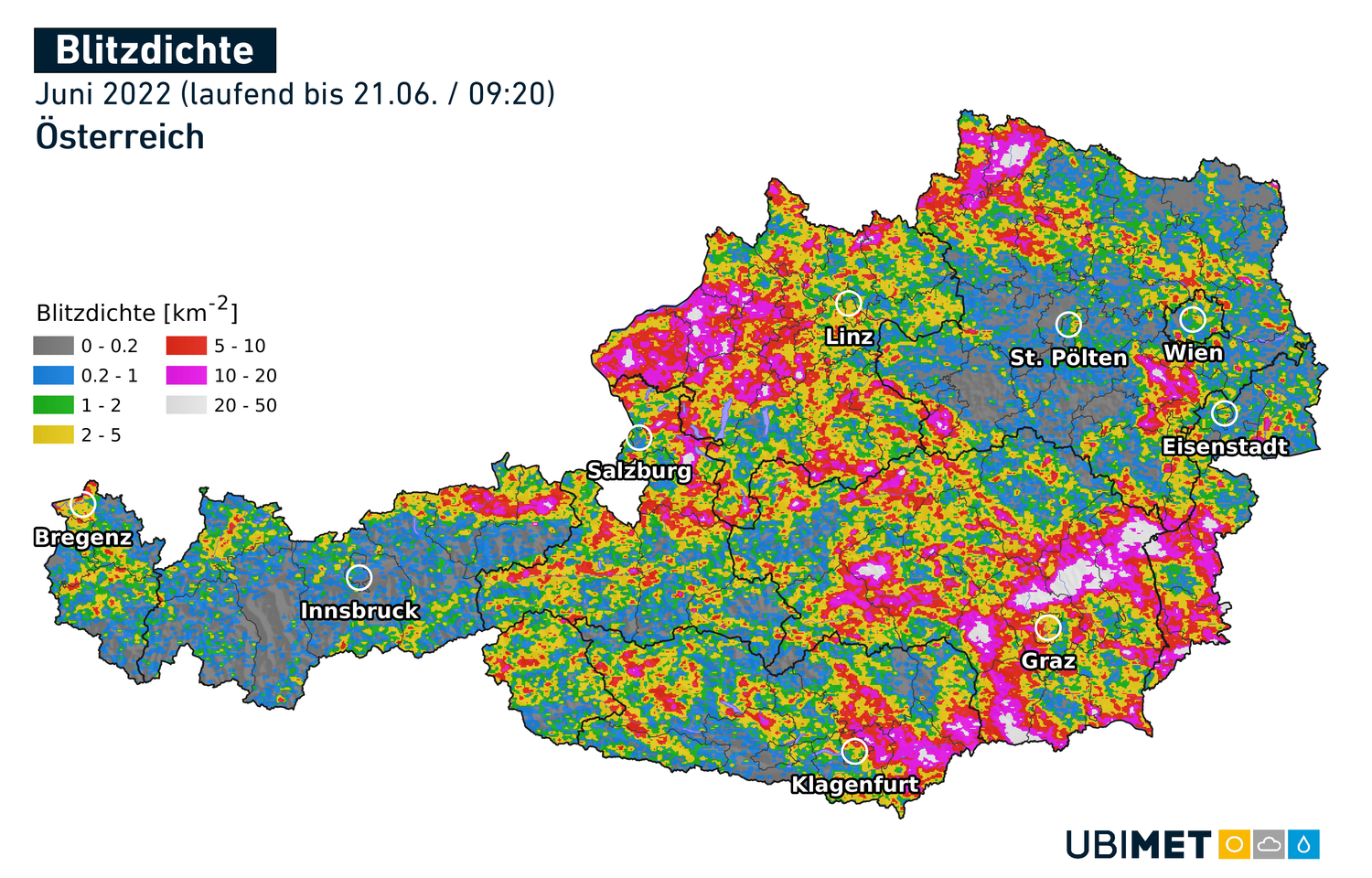 Die Blitzdichte in Österreich im Juni 2022.