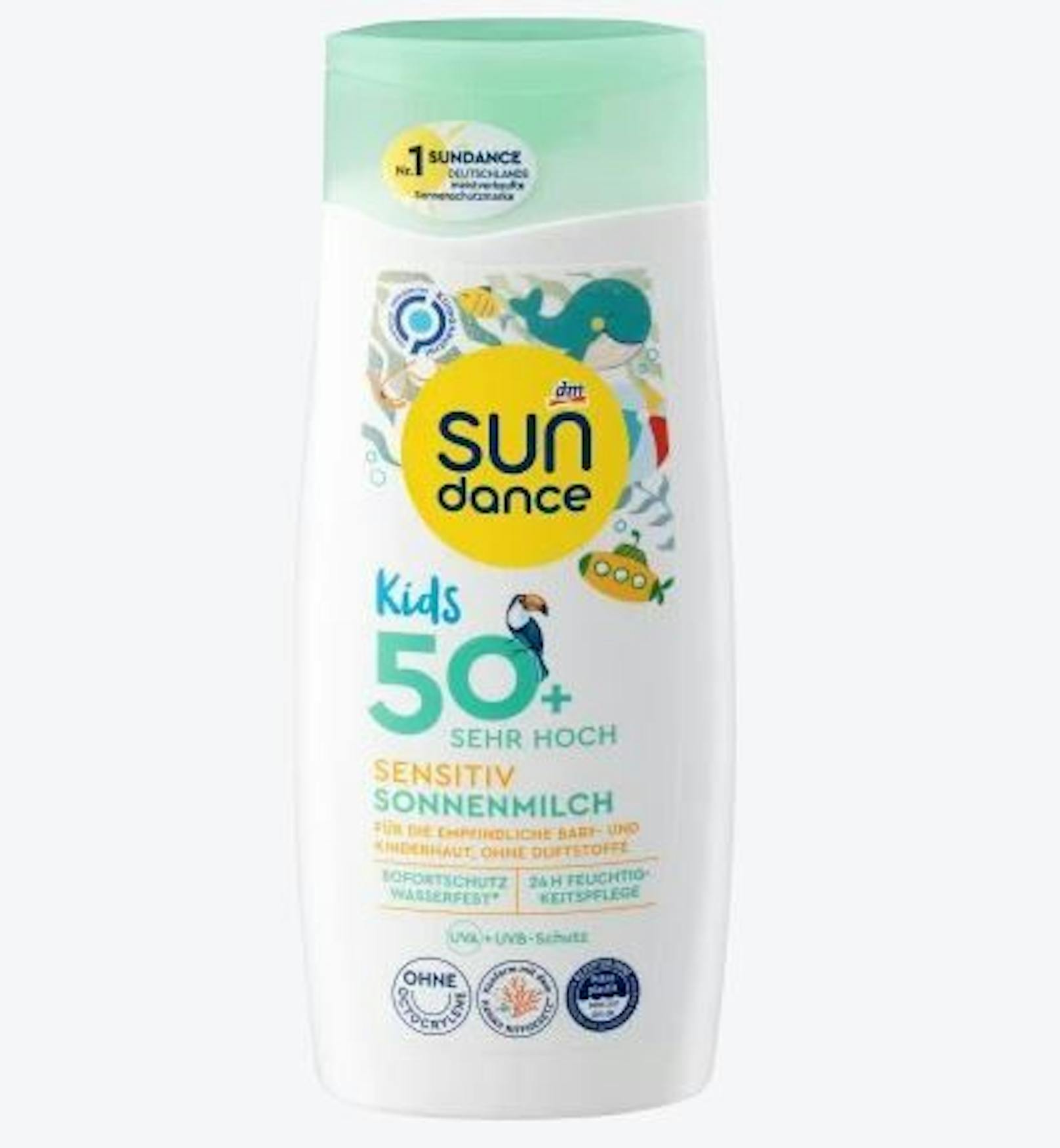 Auch die dm-Eigenmarke Sundance sensitiv Sonnenmilch Kids schneidet "sehr gut" ab. Chemische Filter schützen. Preis: 200ml für 5,75 Euro.