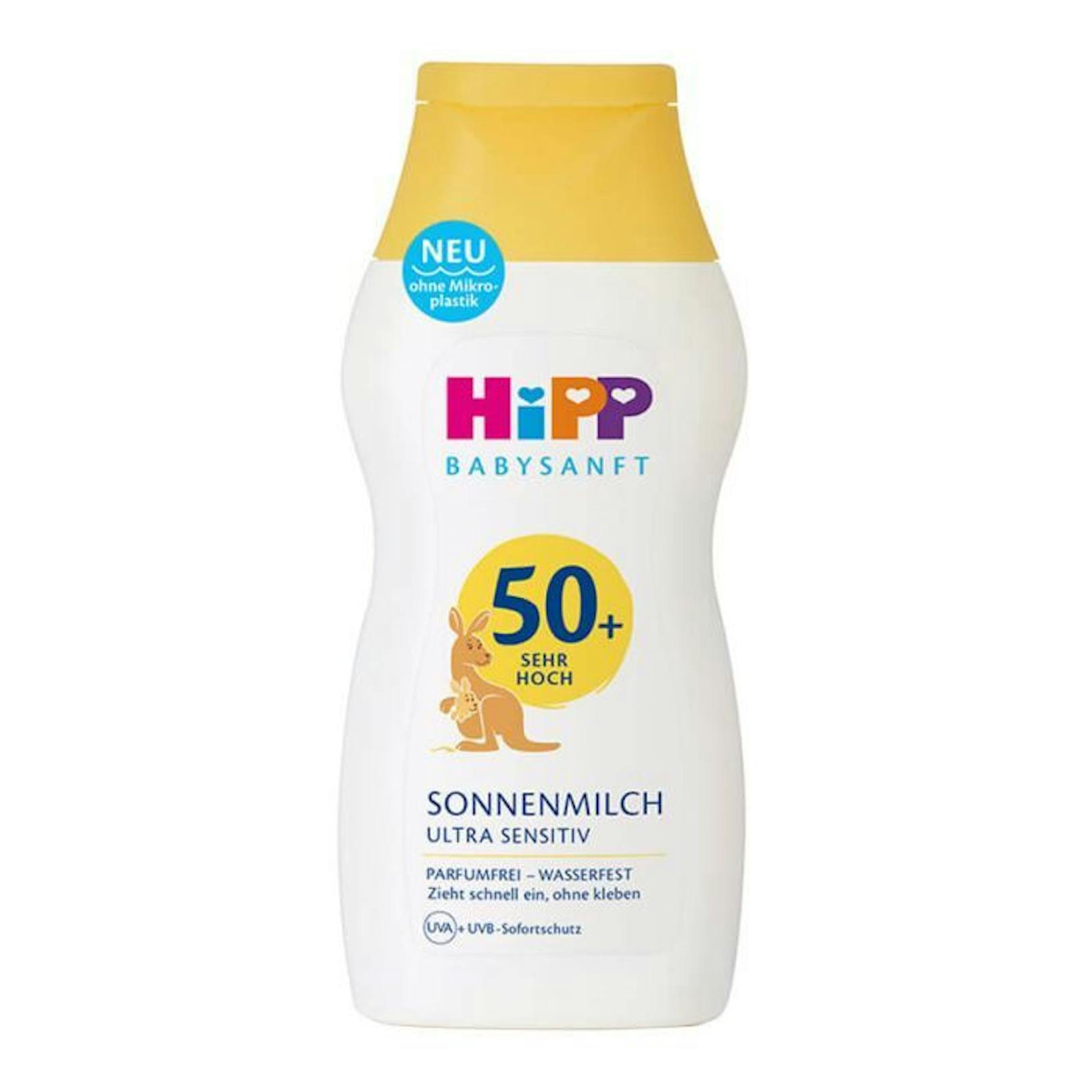 Die&nbsp;Hipp Babysanft Sonnenmilch Ultra Sensitiv schützt ebenso mit chemischem Filter, sonst unbedenklich. 200ml für 11,99 Euro.