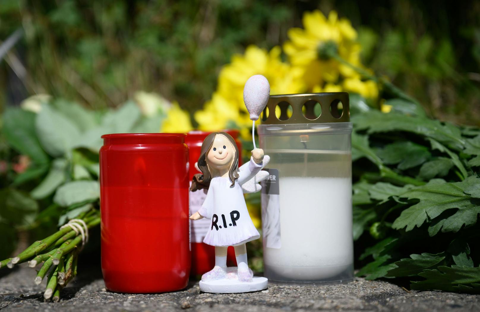 22. Juni 2022, Niedersachsen, Salzgitter: Kerzen, Blumen und Figuren zum Gedenken an eine getötete 15-Jährige liegen an einem Tatort auf einer Grünfläche am Hans-Böckler-Ring.&nbsp;