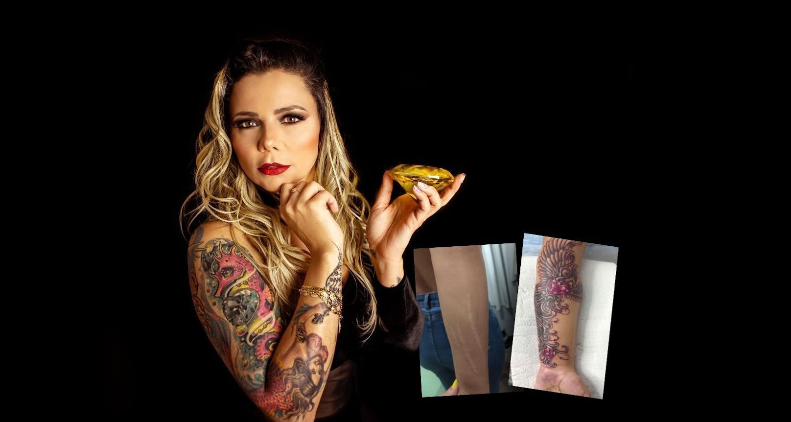 Tattoo-Artist Karlla Mendes überdeckt schlimme Erlebnisse, wie hier bei einem Opfer von häuslicher Gewalt, mit Kunstwerken.