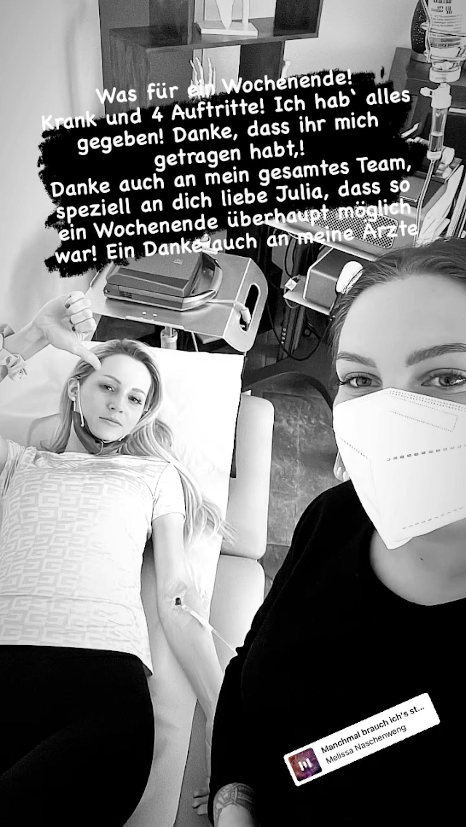 Am 6. Juni postete Melissa Naschenweng ein Foto aus einem Behandlungsraum mit "Daumen runter"-Geste.