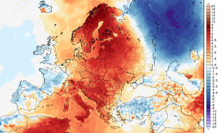 Der Juni endet von Italien bis Skandinavien ungewöhnlich heiß. Im Bild: die Abweichung vom langjährigen Mittel 1981-2010.