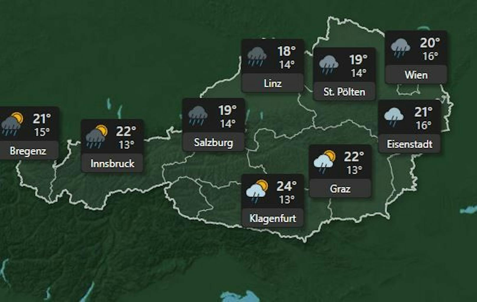 <strong>Freitag 8. Juli: </strong>Der Freitag bringt uns Regenschauer und Gewitter im ganzen Land. In Wien steigt die Temperatur auf maximal 20 Grad.&nbsp; In Klagenfurt und Graz lässt sich unter Tags zeitweise die Sonne blicken, bei Temperaturen bis zu<strong> 24 Grad.</strong>