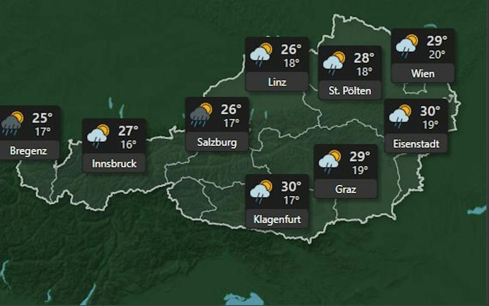 <strong>Dienstag, 5. Juli:</strong> Die Hitze bleibt am Dienstag, die Gewitter rollen allmählich über ganz Österreich im Laufe des Tages. In Bregenz und Salzburg ist mit schweren Gewittern und Regenschauern zu rechnen. die Temperaturen steigen weiterhin auf <b>30 Grad. <strong>Nur in Bregenz sinkt die Temperatur&nbsp;auf 25 Grad.</strong></b>