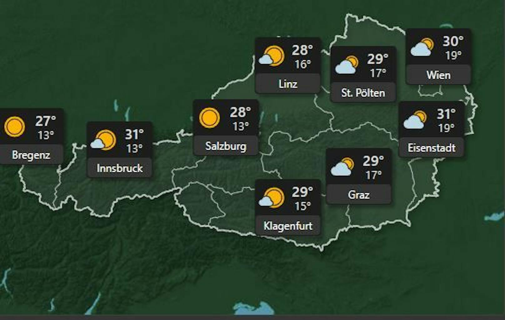 <strong>Sonntag, 3. Juli:</strong> In ganz Österreich wird es<strong>&nbsp;heiß!</strong> Temperaturen <strong>bis zu 31 Grad</strong> in Innsbruck und Wien, bei teilweise bewölkten Himmel, in St. Pölten, Wien und Eisenstadt.