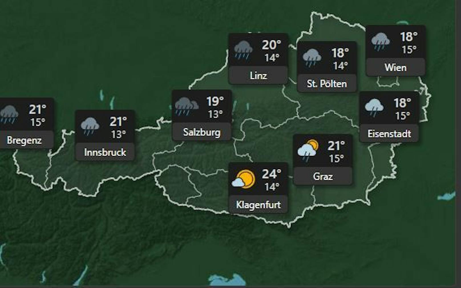 <strong>Samstag, 9. Juli:&nbsp;</strong> Am Samstag ist mit Regenschauern zu rechnen in ganz Österreich bei Temperaturen um die 19 Grad. In Wien fällt die Temperatur in der Nacht auf <strong>15 Grad.</strong>
