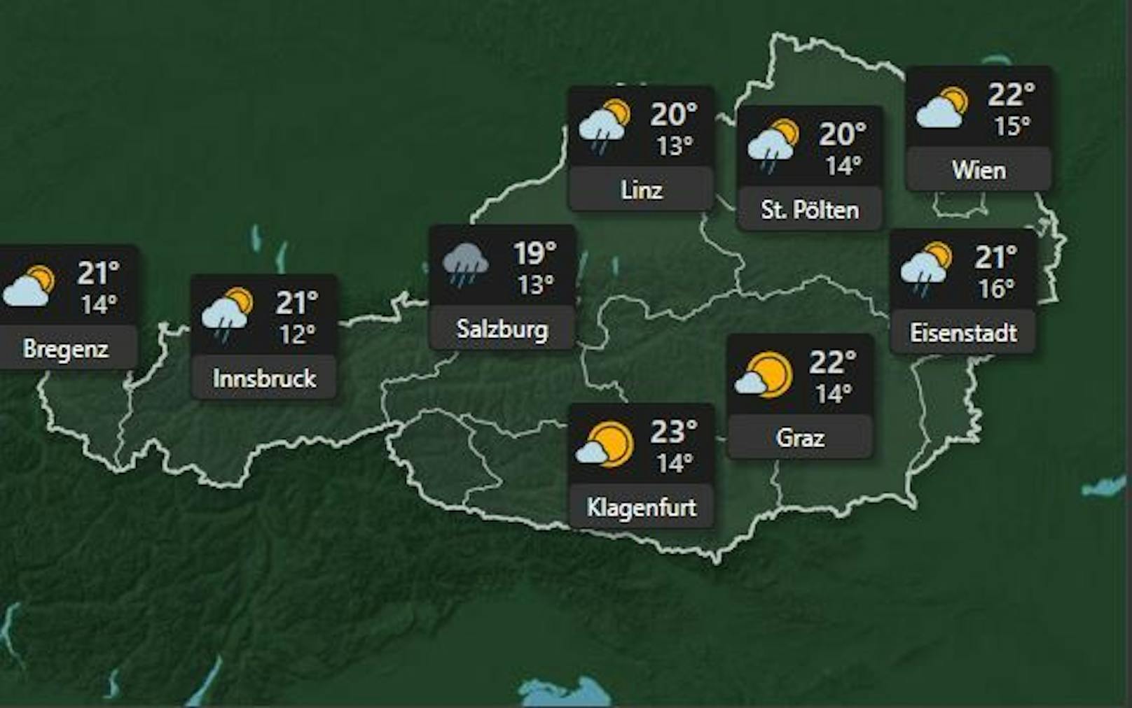 <strong>Donnerstag 7. Juli:</strong> Die Temperaturen steigen am Donnerstag auf <strong>maximal 22 Grad</strong> in Wien, die Tiefsttemperatur sinkt auf 15 Grad. In Salzburg ist mit starker Bewölkung und Regenschauern zu rechnen, in der Nacht sinkt die Temperatur auf <strong>14 Grad.</strong>