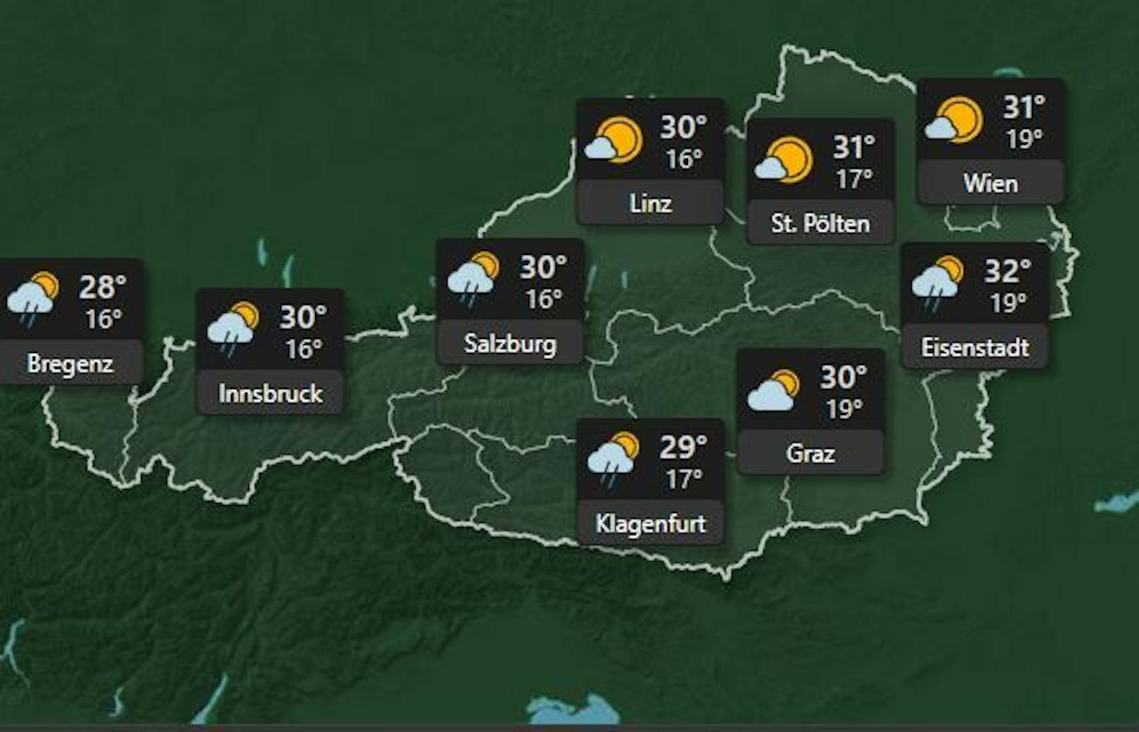 <strong>Montag, 4. Juli:</strong> Extreme Hitze rollt über Österreich, es bleibt heiß mit Temperaturen um die <strong>32 Grad</strong> in Eisenstadt. Es kann zu Regenschauern in Bregenz, Innsbruck, Salzburg und Klagenfurt&nbsp; kommen.