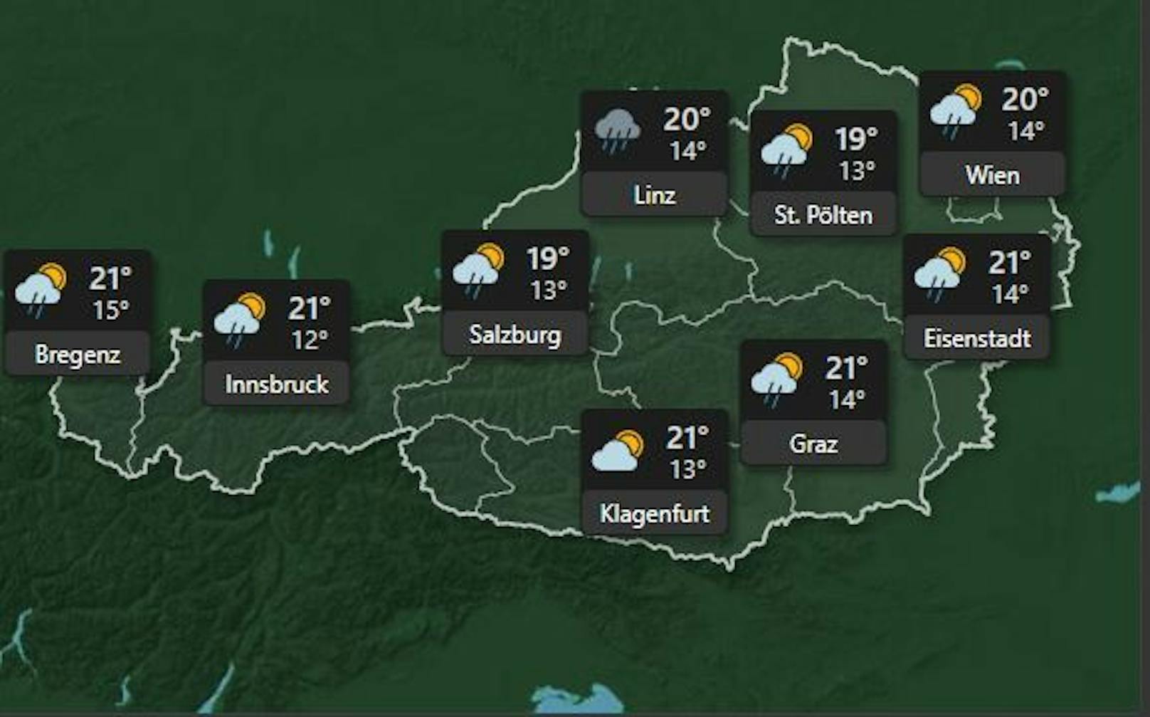 <strong>Sonntag, 10. Juli:&nbsp;</strong>Am Sonntag lässt sich die Sonne langsam wieder blicken, es ist zwar weiterhin bewölkt und man muss mit <strong>Regen in ganz Österreich</strong> rechnen, die Temperaturen steigen allerdings wieder auf <strong>21 Grad.</strong>
