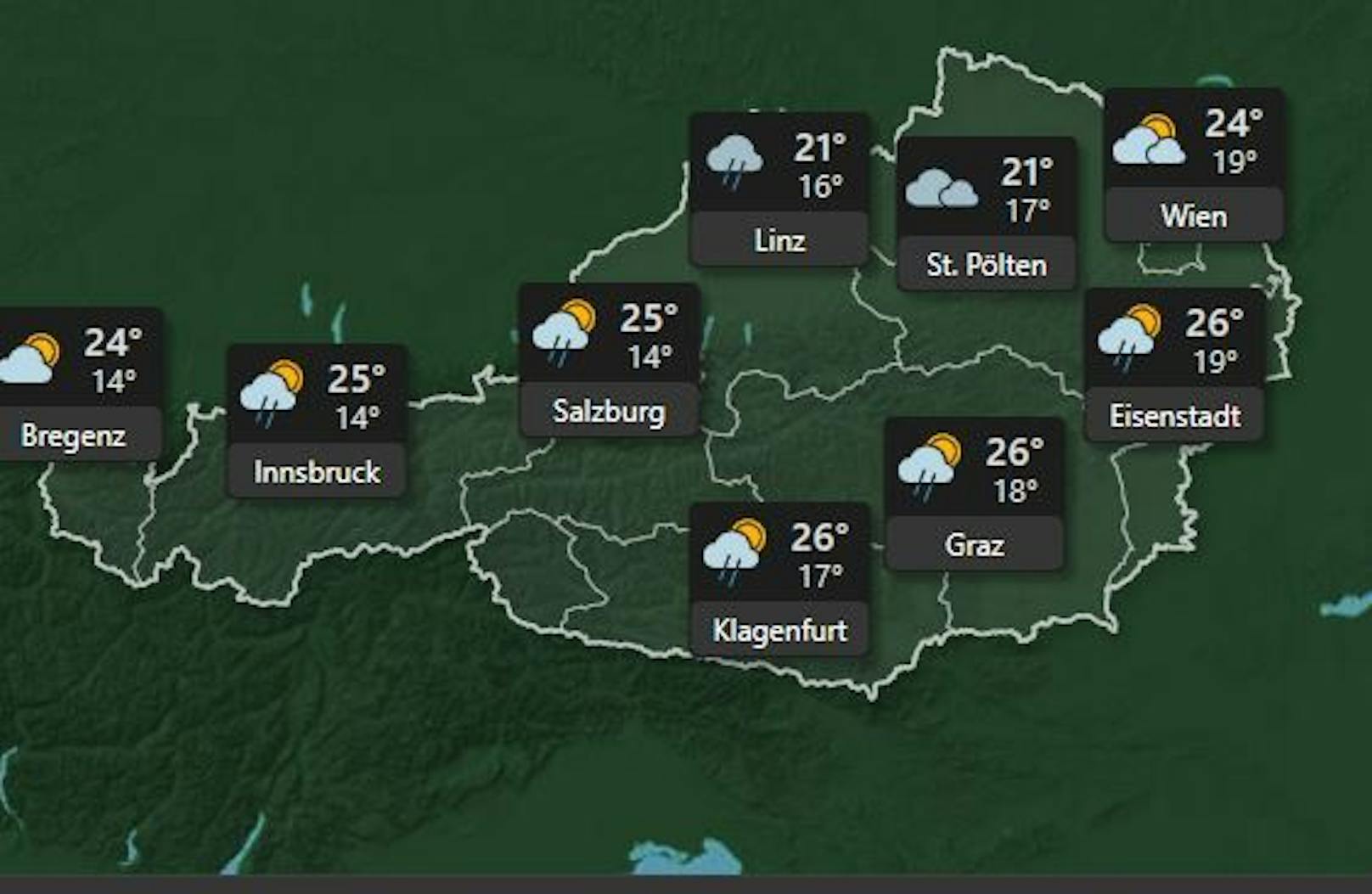 <strong>Samstag 2. Juli:</strong> Am Samstag ist es bewölkt und es kann zu Schauern und Gewitter in ganz Österreich kommen, die Temperaturen steigen auf maximal <strong>26 Grad in Klagenfurt, Graz und Eisenstadt.</strong>