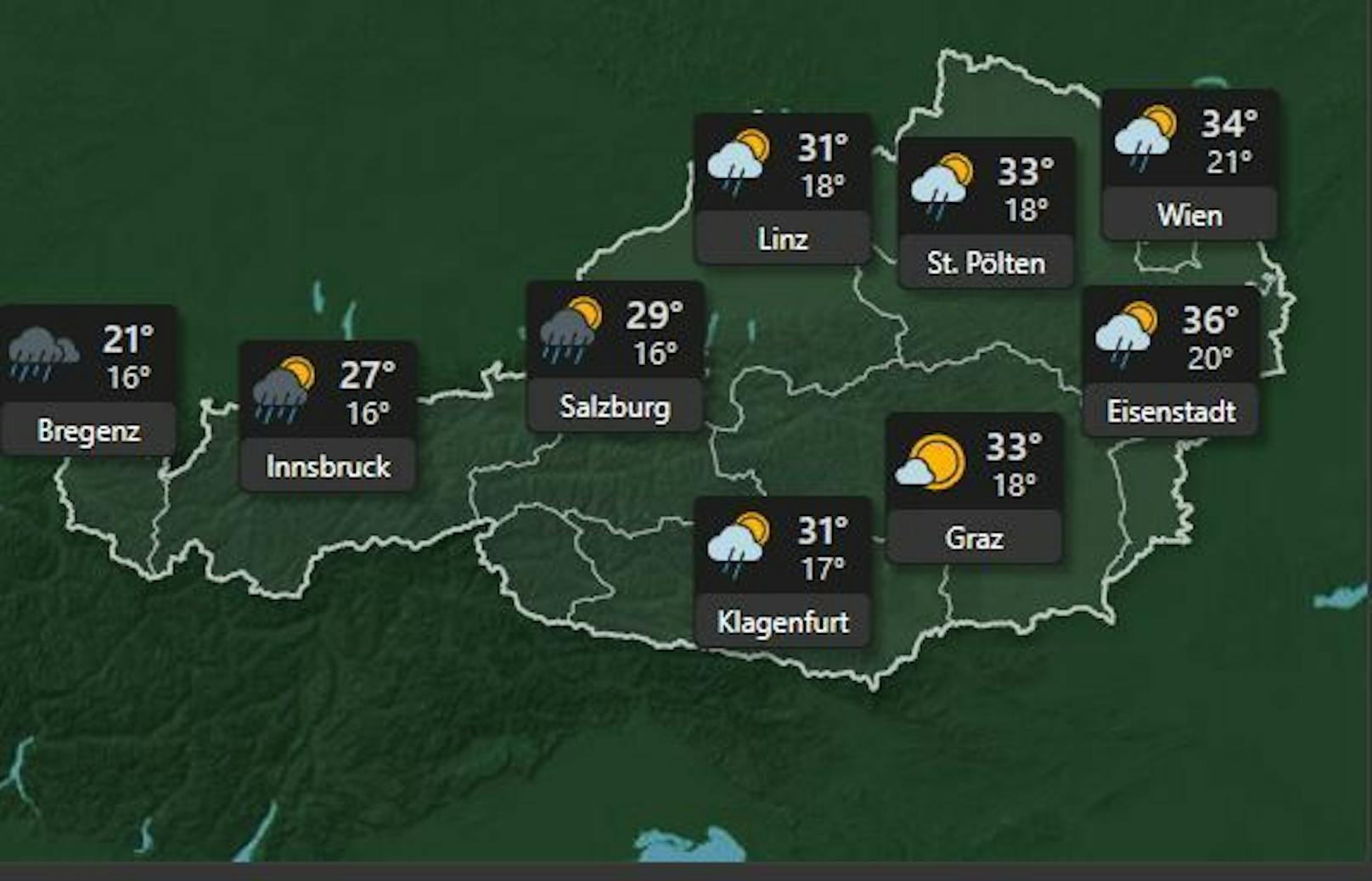 <strong>Freitag, 1. Juli:&nbsp;</strong>Am Freitag zieht aus Westen eine schwache Kaltfront auf. Ganz im Westen ziehen rasch dichte Wolken auf und es wird zunehmend nass. Im Tagesverlauf entstehen nördlich der Alpen teils<strong> kräftige Gewitter</strong>, die sich ostwärts ausbreiten. Im Osten und Südosten bleibt es bis am Abend trocken, hier wird es zudem noch einmal sehr heiß. Mit Durchzug der <strong>Kaltfront frischt im Donauraum kräftiger Westwind auf</strong>, kurzzeitig sind stürmische Böen möglich. Die Höchstwerte von West nach Ost: <strong>19 bis 36 Grad.</strong>
