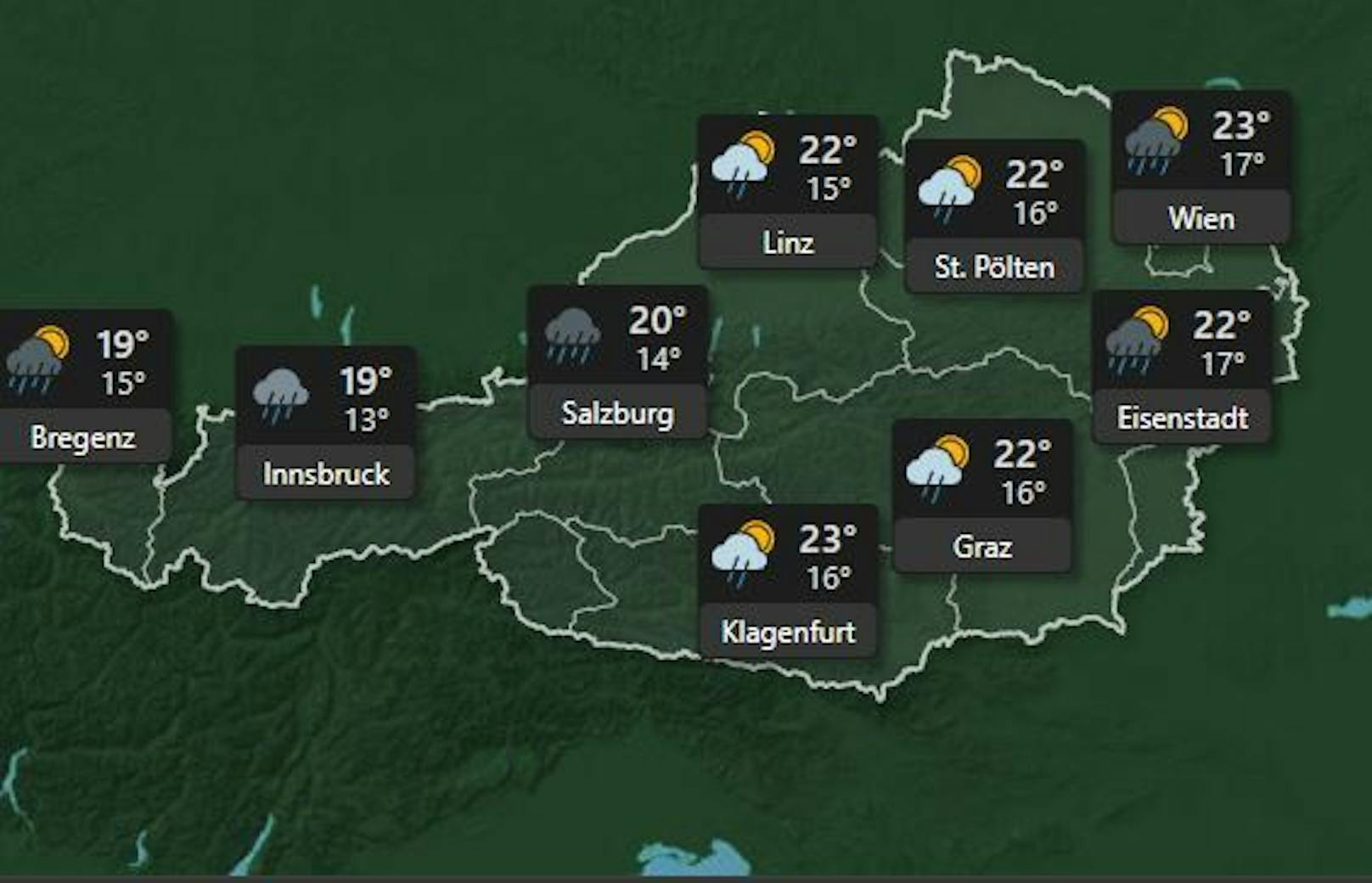 <strong>Mittwoch 6. Juli:</strong> Die Hitze geht am Mittwoch vorüber, die <strong>Temperaturen fallen</strong> in ganz Österreich auf maximal 23 Grad. Heftige Regenschauer in Innsbruck und Salzburg zu erwarten. In Wien steigt die Temperatur nur noch auf maximal <strong>23 Grad.</strong>