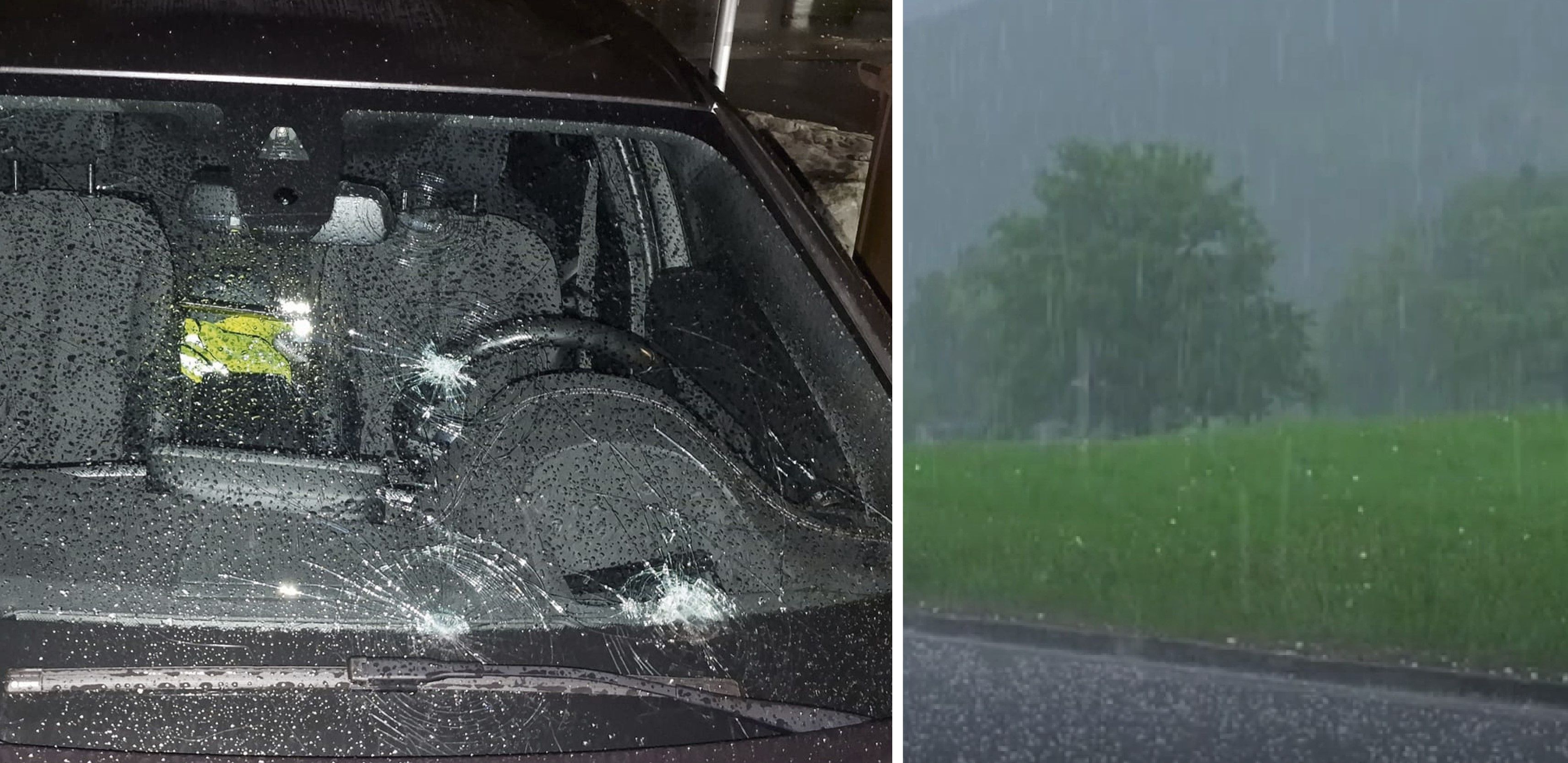 Von Hagel getroffene Windschutzscheibe eines Autos (l.); Hagelsturm in Bayern (r.).