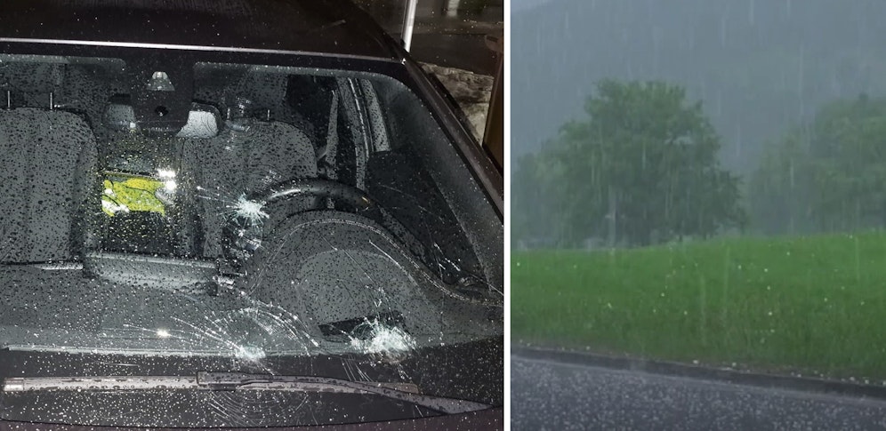 Von Hagel getroffene Windschutzscheibe eines Autos (l.); Hagelsturm in Bayern (r.).
