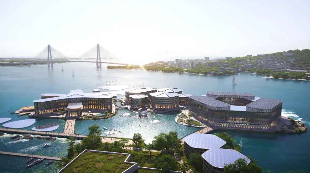 Das Tech-Unternehmen Oceanix zeigt Pläne für eine flutsichere und schwimmende Stadt in Busan, Südkorea. Es wäre die erste ihrer Art.