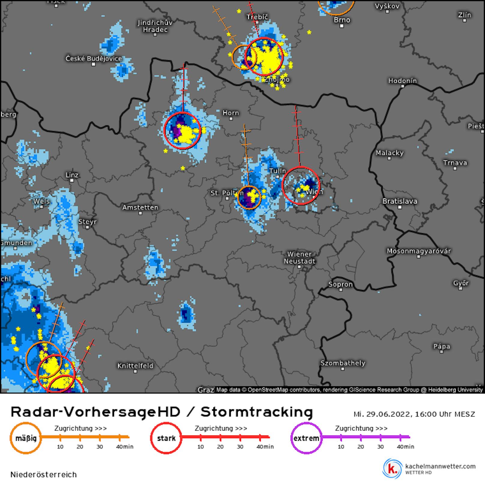 Regen-Radar mit Stormtracking für Wien und NÖ. Stand 16.10 Uhr.
