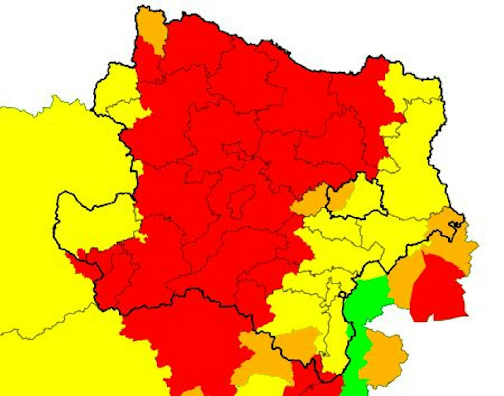 Warnstufe Rot in großen Teilen Niederösterreichs in der Nacht auf den 30. Juni 2022.