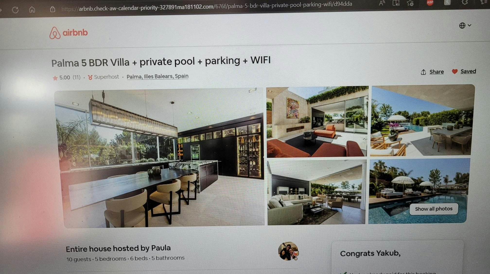 Yakub dachte, er hätte für seine Freunde und sich diese Villa in Palma gebucht. Zu spät kam er drauf, dass es sich um eine Fake-Anzeige auf einer gefälschten Seite gehandelt hatte. Erst in der URL sieht man, dass es sich um arbnb statt airbnb handelt.&nbsp;