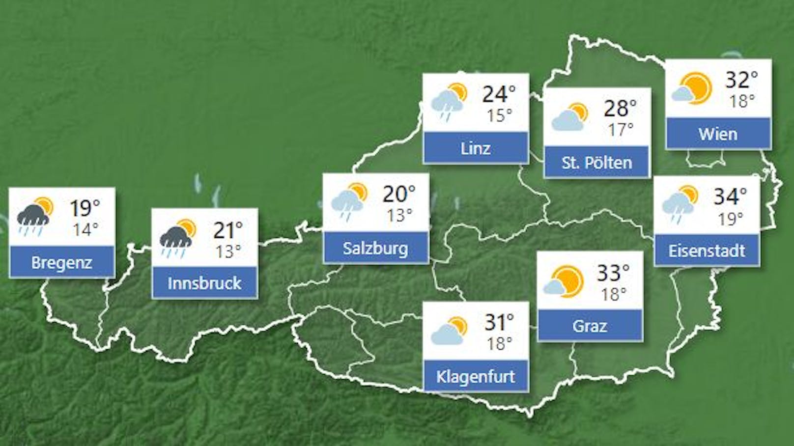 <strong>Wetterprognose für Freitag, 1. Juli 2022:</strong>&nbsp;Der Freitag verläuft von Vorarlberg bis Oberösterreich bewölkt und zeitweise nass, auch im östlichen Bergland breiten sich von Westen her Schauer und lokal heftige Gewitter bis ins Mittelburgenland aus. Dagegen scheint im östlichen Flachland und im Südosten häufig die Sonne. Nördlich der Alpen frischt kräftiger, gegen Abend am Alpenostrand stürmischer Westwind auf. Große Temperaturkontraste: Von Bregenz bis Kitzbühel 16 bis 20, von Innsbruck bis Linz 21 bis 29 und von Klagenfurt bis Wien 30 bis 36 Grad. 