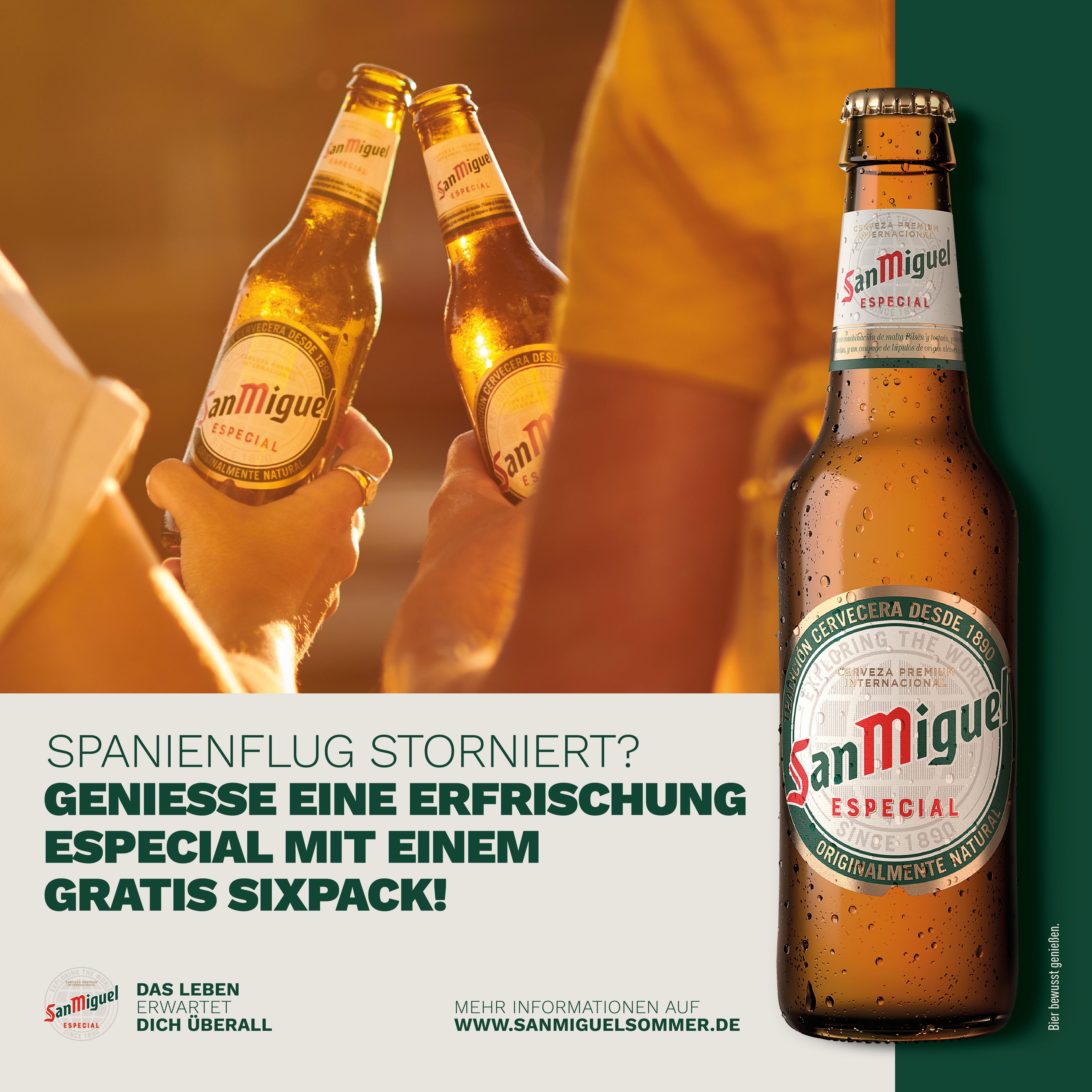 Flug nach Spanien gestrichen? San Miguel sorgt trotzdem für das besondere Erfrischungs- und Urlaubsgefühl. Mit einem kostenlosen Sixpack - für alle verhinderten Urlauber, die eigentlich in diesem Sommer auf dem Weg nach Spanien wären.