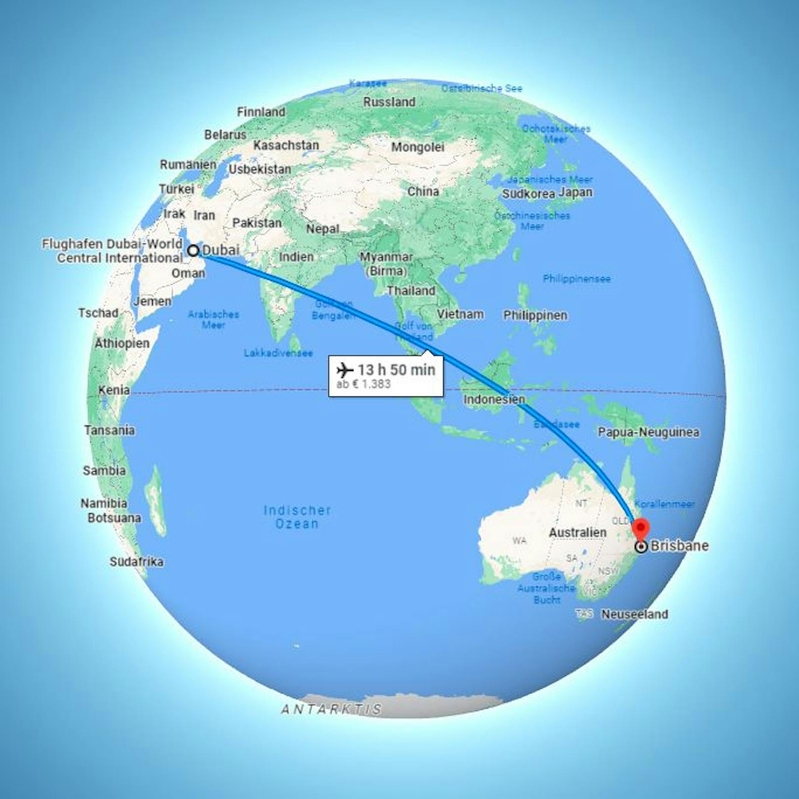 Mehr als 13 Stunden ist man von Dubai bis nach Brisbane in der Luft.