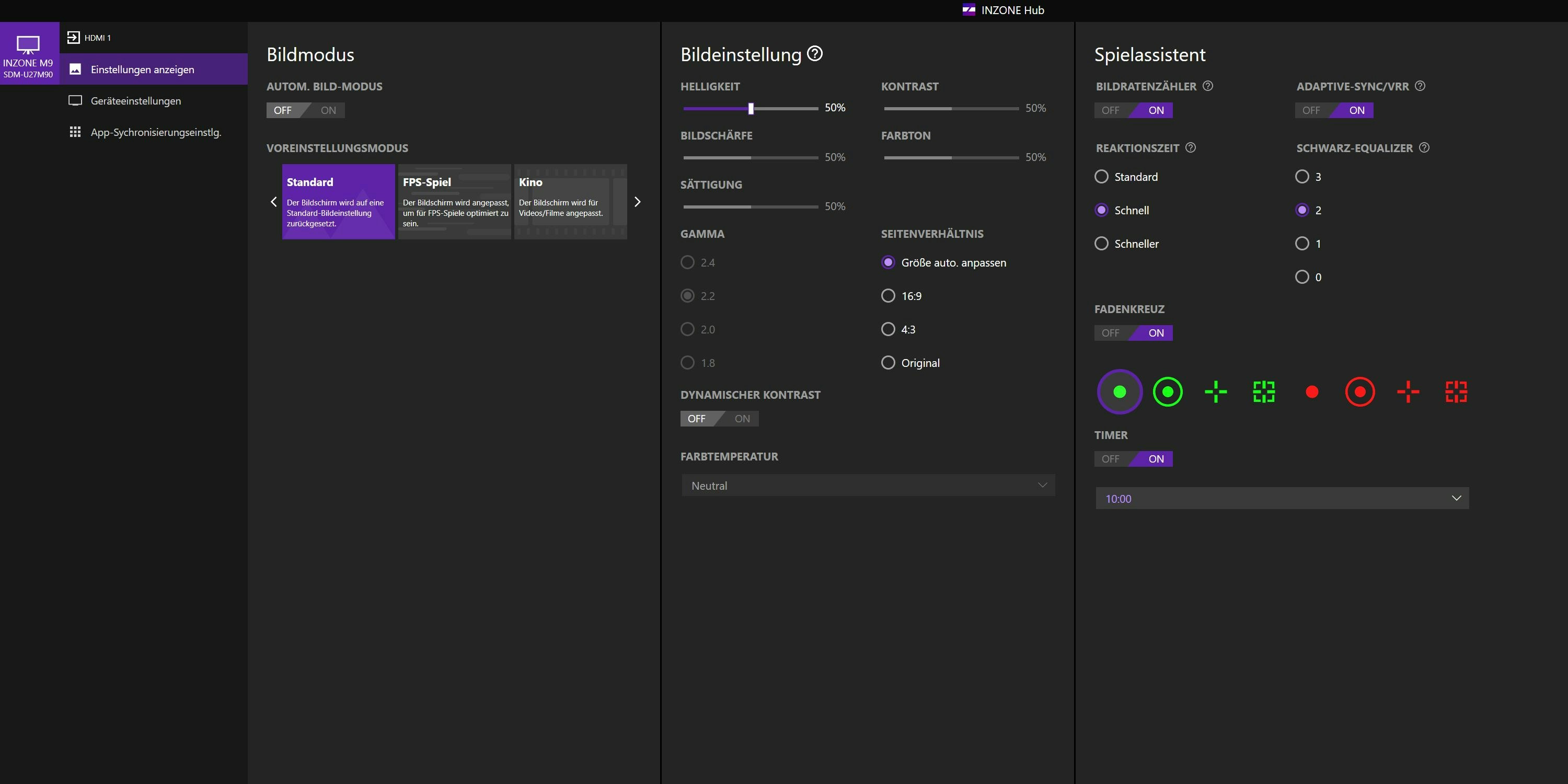 Sony Inzone M9 im Test – der übersichtliche Inzone-Hub lässt Gamer Dutzende Einstellungen selbst vornehmen.