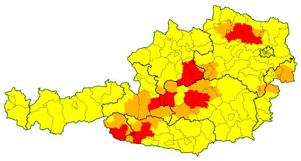 15 Uhr: Warnstufe Rot wegen heftiger Gewitter in zahlreichen Regionen. Abseits gilt für das gesamte Land eine Gewittervorwarnung.