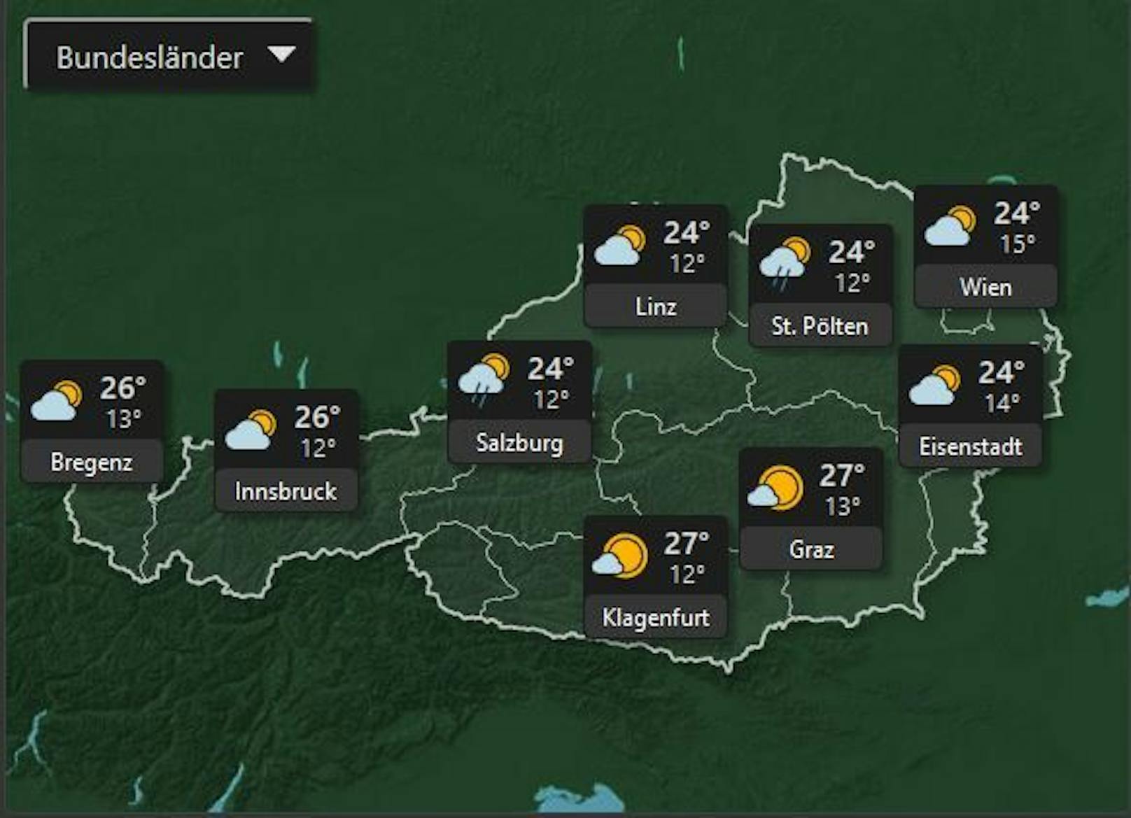 Der Osten Österreichs bis hin zu Salzburg kühlt am Mittwoch dem 6. Juli etwas ab mit Höchsttemperaturen von 24°. Umso mehr Sonne scheint in der Steiermark, Kärnten, Tirol und in Vorarlberg.&nbsp;