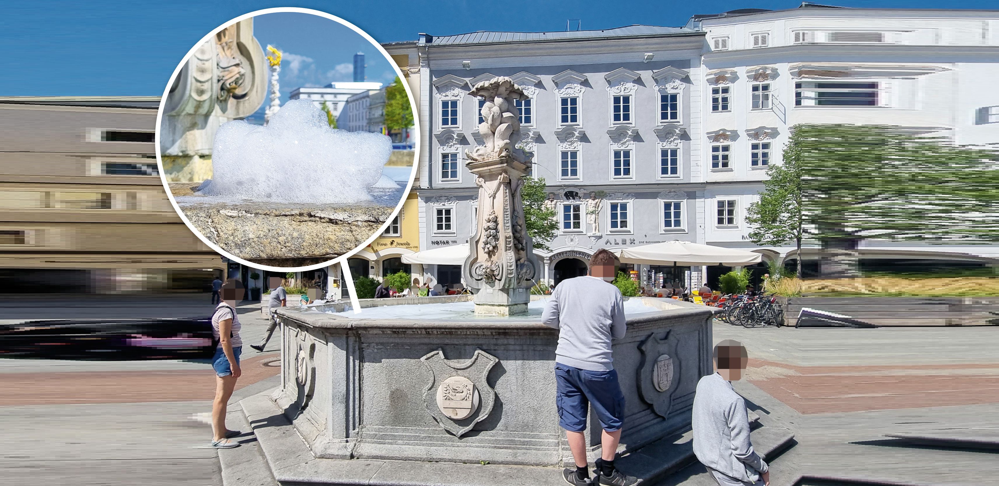 Es schäumt im Neptunbrunnen auf dem Linzer Hauptplatz.